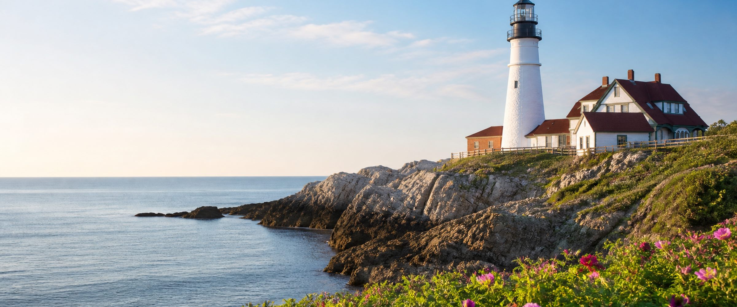 A Connecticut coastal lighthouse on a rocky shoreline at golden hour